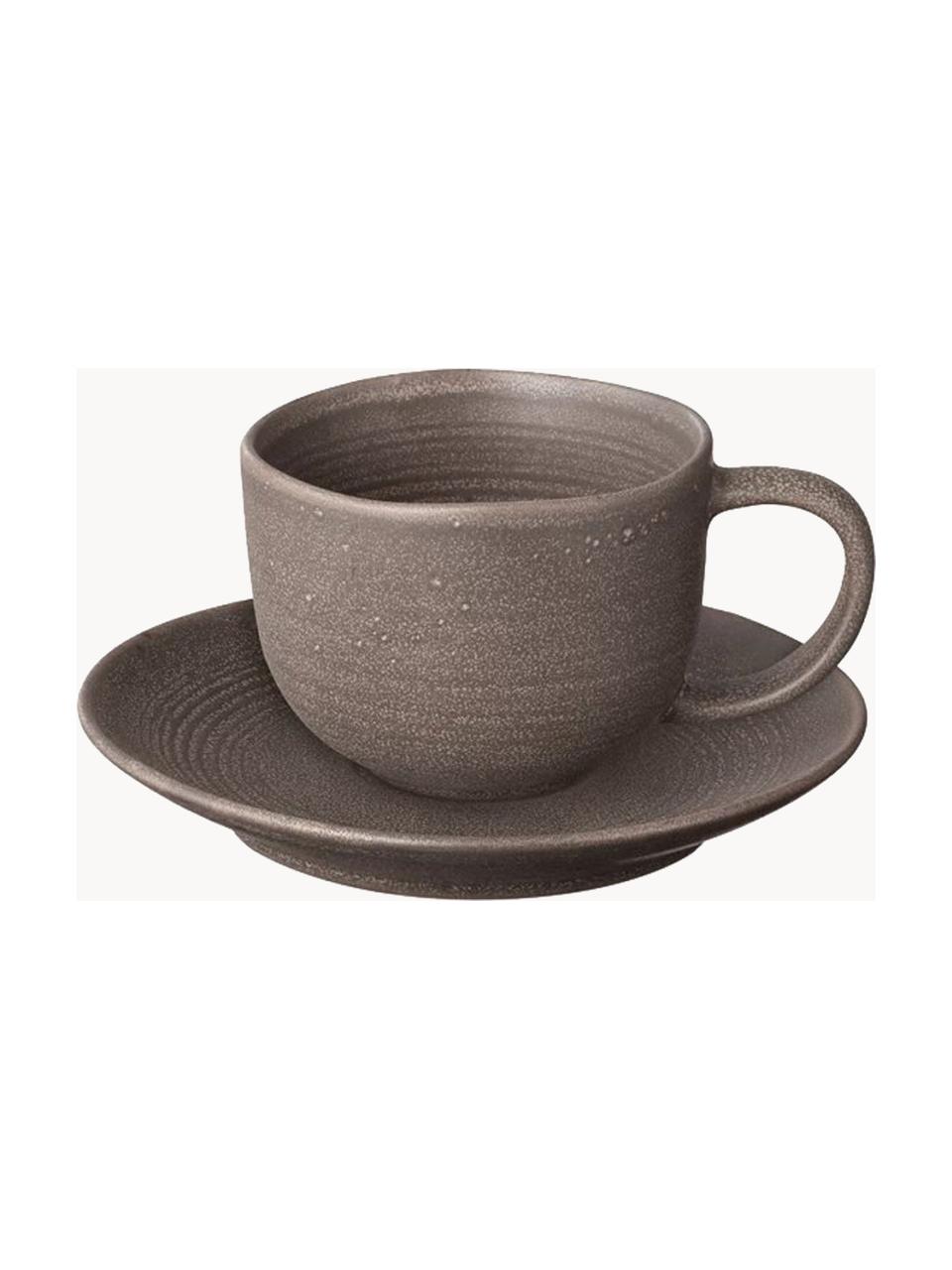 Handgefertigte Kaffeetassen Kumi mit Untertellern, 2 Stück, Steingut, glasiert, Taupe, Ø 8 x H 6 cm, 190 ml