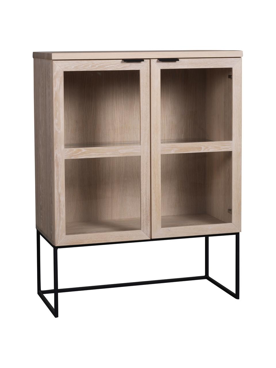 Dressoir Everett met glazen deuren in eiken, Frame: eikenhout, massief, gelak, Frame: gelakt metaal, Wit gewassen, zwart, 95 x 125 cm