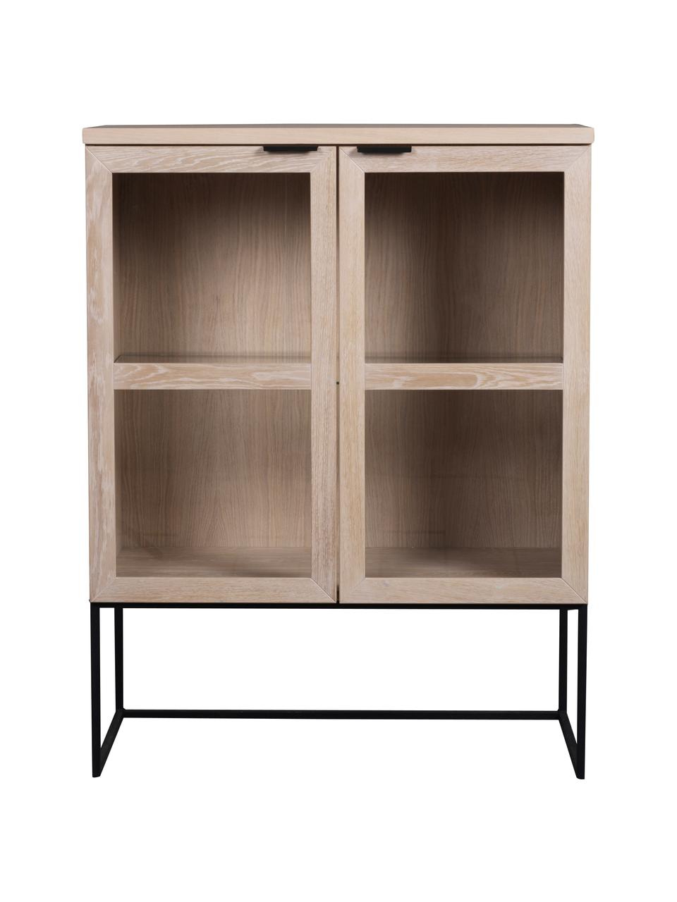 Chiffonnier de madera de roble Everett, Cuerpo: madera de roble maciza pi, Estructura: metal pintado, Blanco lavado, negro, An 95 x Al 125 cm