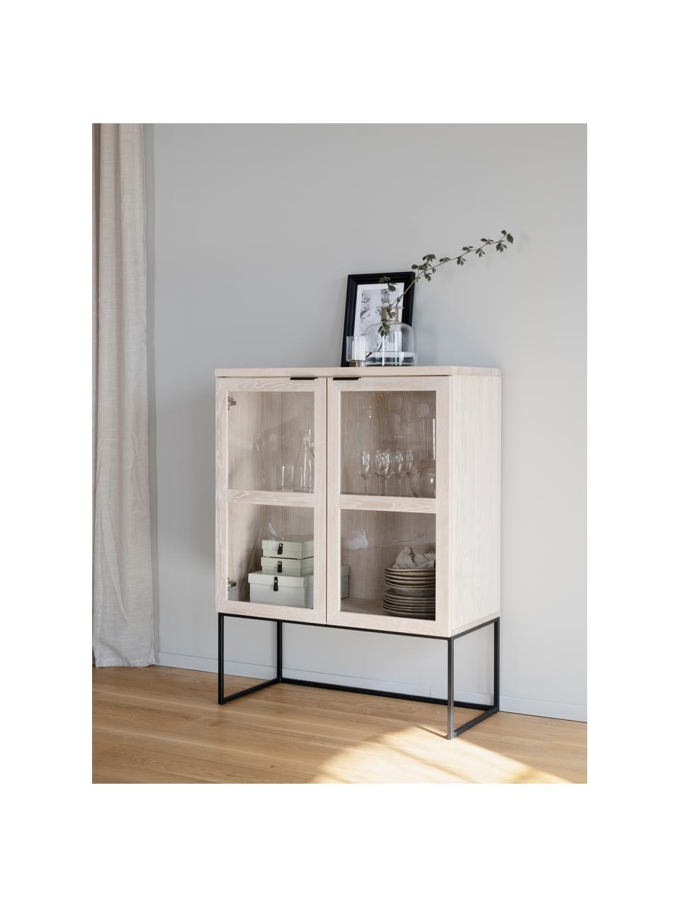 Buffet haut vitré bois blanchi Everett, Blanc délavé, noir