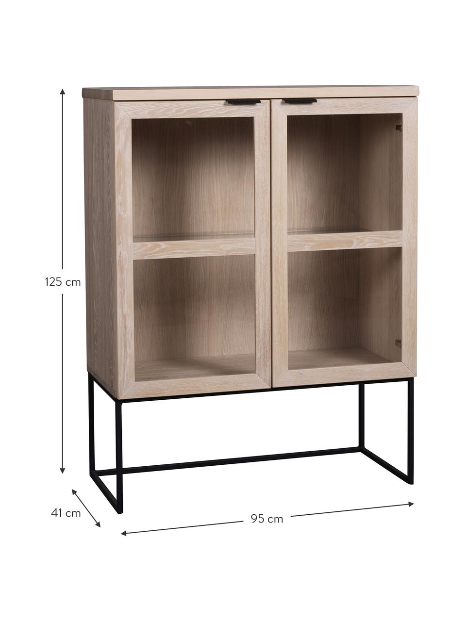 Glasvitrine Everett mit Eichenholz-Rahmen, Korpus: Eichenholz, massiv, klar , Gestell: Metall, lackiert, Weissgewaschen, Schwarz, 95 x 125 cm