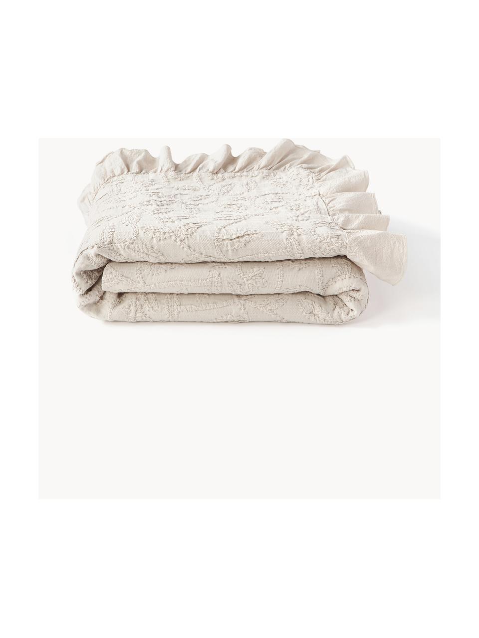 Strukturierte Baumwoll-Decke Clara mit Rüschen und floralem Muster, 99 % Baumwolle, 1% Spandex, Hellbeige, B 180 x L 250 cm