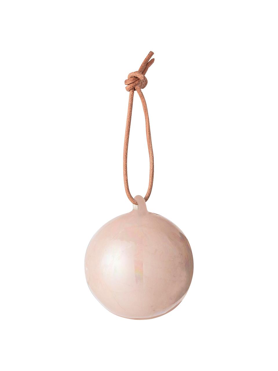 Kerstballen Glint, 2 stuks, Ophanglus: leer, Kerstbal: roze. Ophanglus: beige, Ø 5 cm