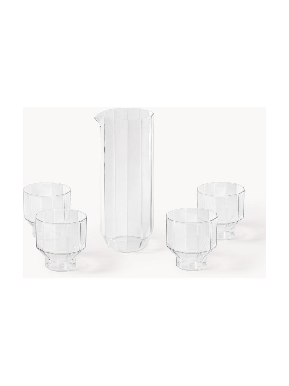 Mundgeblasene Wasserkaraffe mit Gläsern Angoli, 5er-Set, Borosillkatglas, Transparent, Set mit verschiedenen Größen
