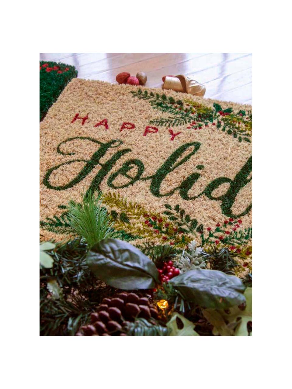 Felpudo artesanal Happy Holidays, Fibras de coco, Beige, verde, rojo, An 43 x L 70 cm