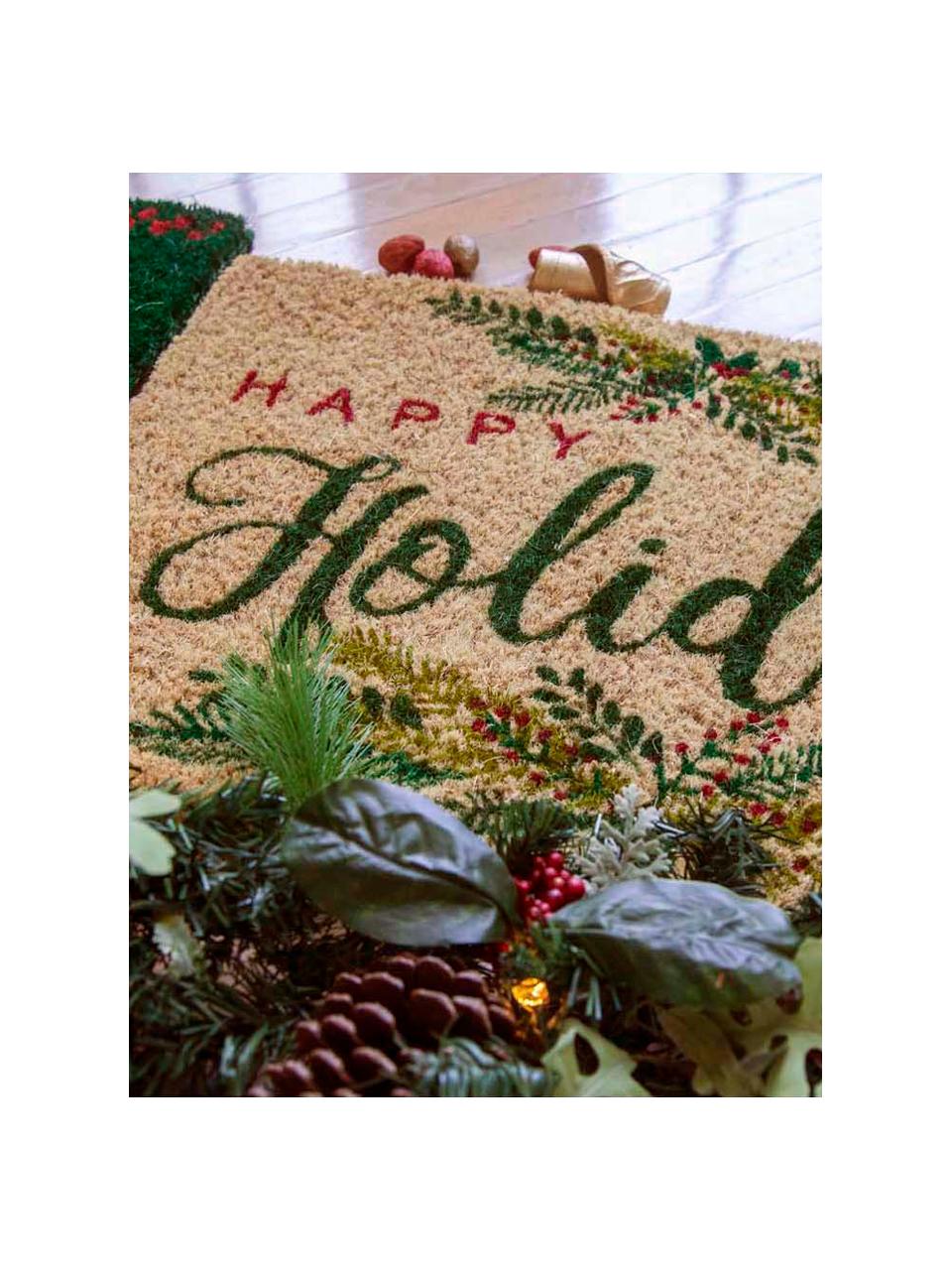 Handgewebte Fussmatte Happy Holidays, Kokosfasern, Beige, Grüntöne, Rot, B 43 x L 70 cm