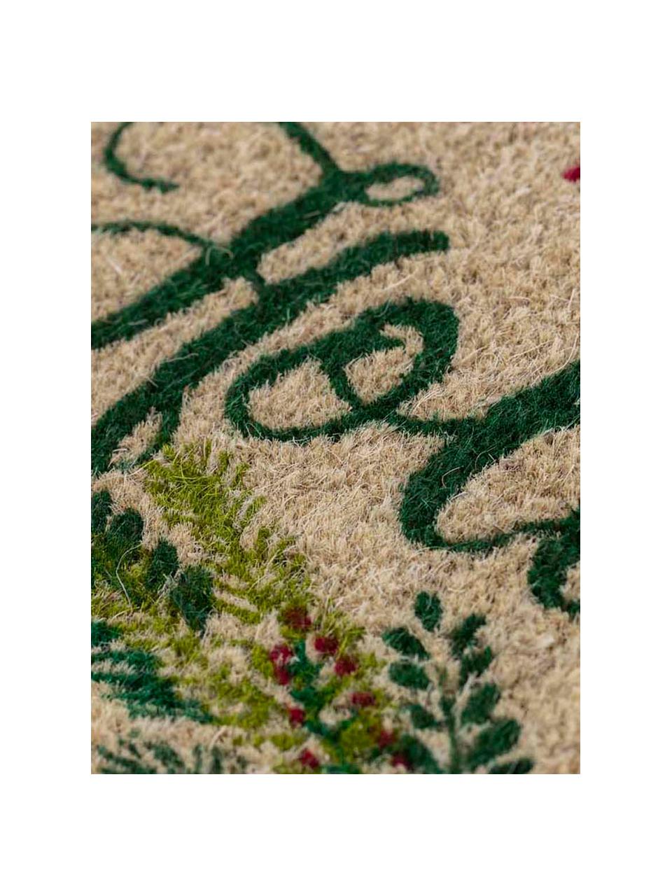 Handgeweven deurmat Happy Holidays, Kokosvezels, Beige, groen, rood, B 43 x L 70 cm