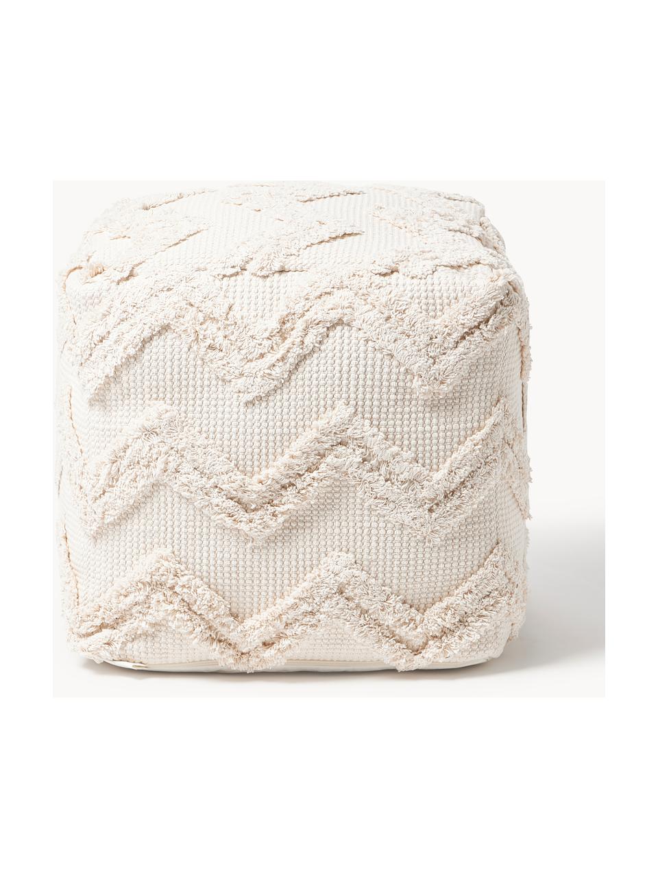 Pouf avec motif en zigzag tufté Akesha, Tissu blanc, larg. 50 x long. 50 cm