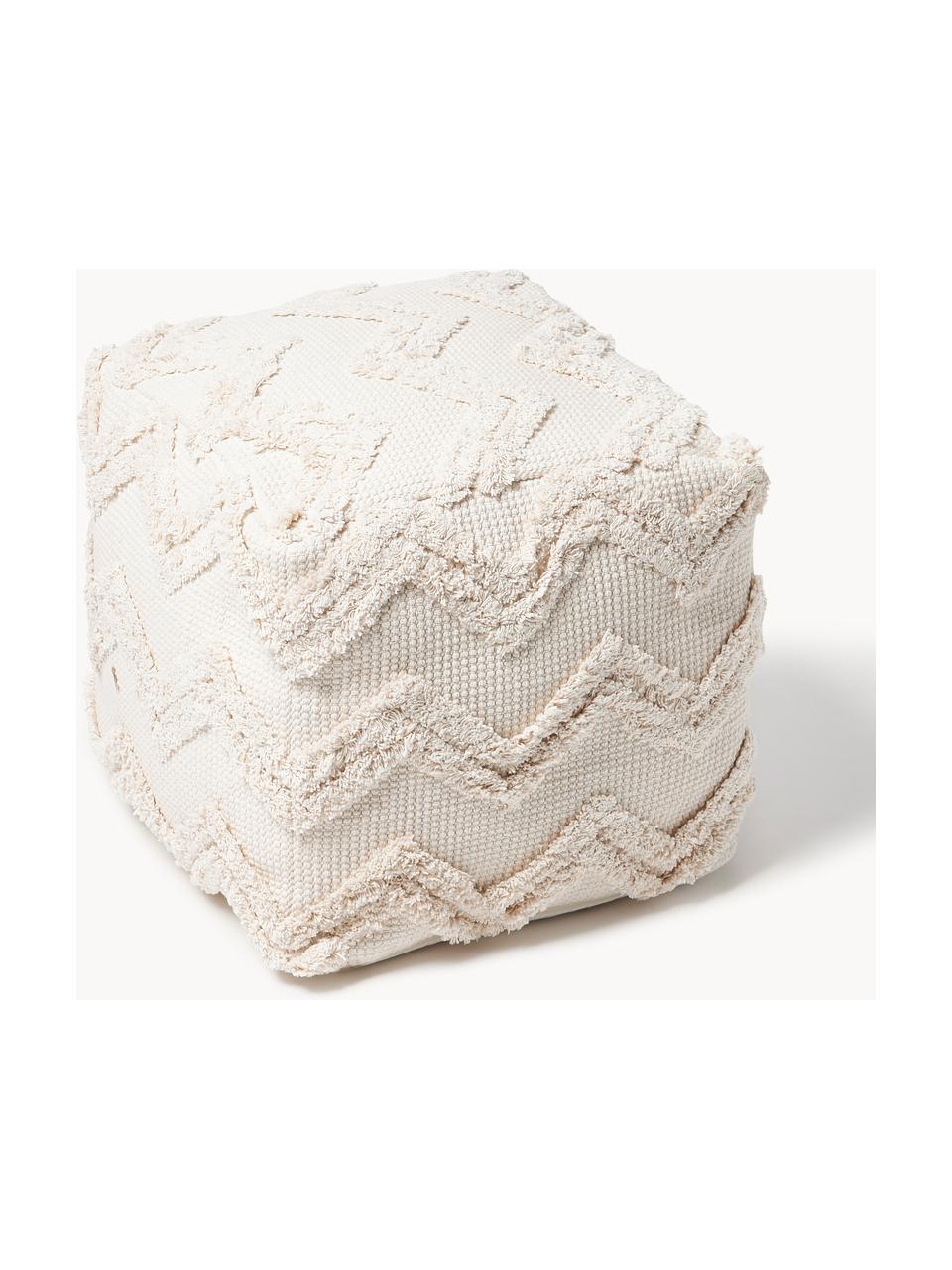 Poef Akesha met getuft zigzagpatroon, Geweven stof wit, B 50 x L 50 cm