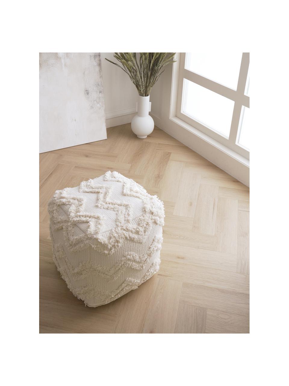 Pouf con motivo capitonné a zigzag Akesha, Custodia: 100 % cotone, Tessuto bianco, Larg. 50 x Lung. 50 cm