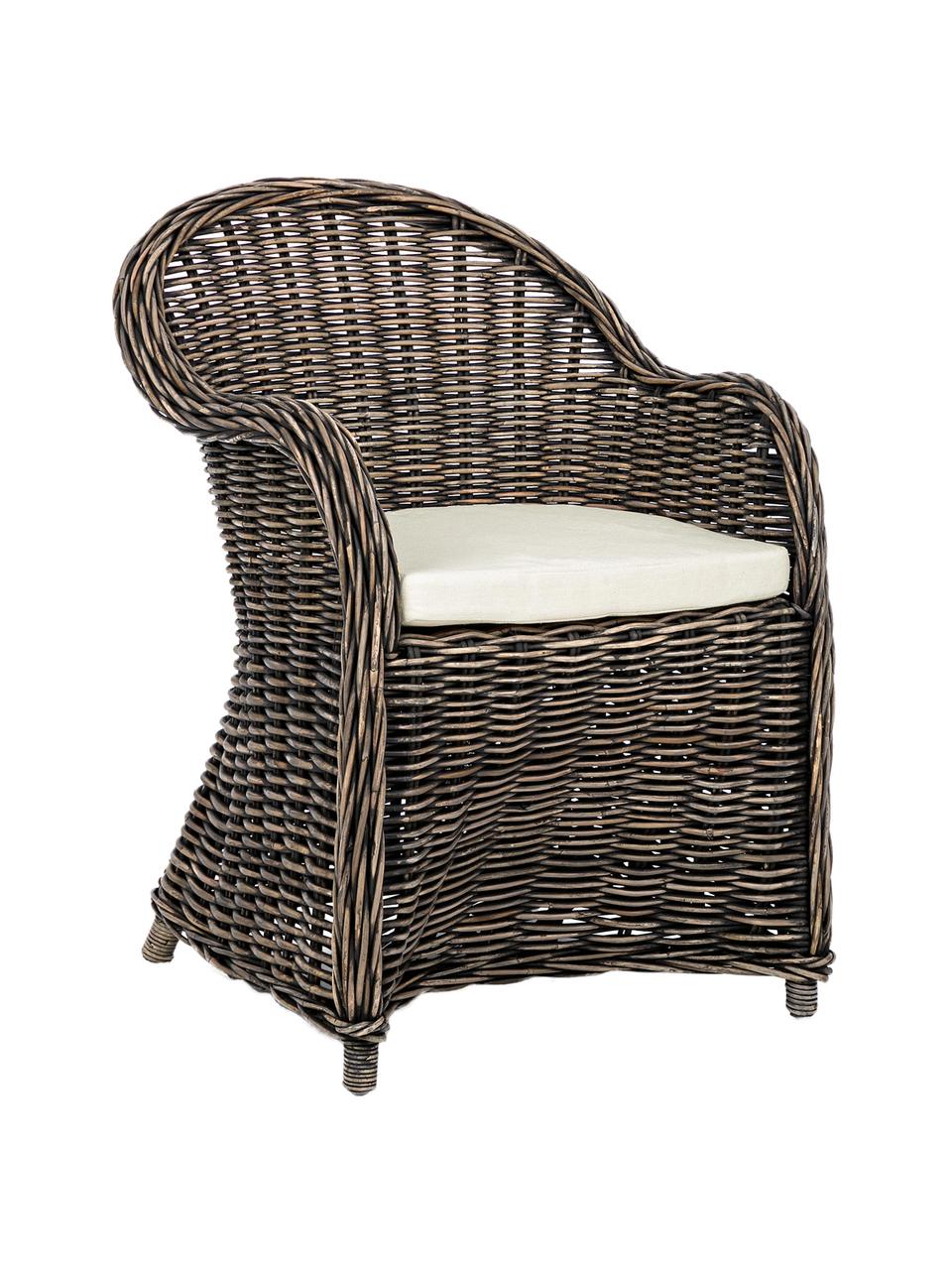 Poltroncina in rattan con cuscino Martin, Rivestimento: cotone, Rattan, nero, bianco, Larg. 60 x Prof. 67 cm