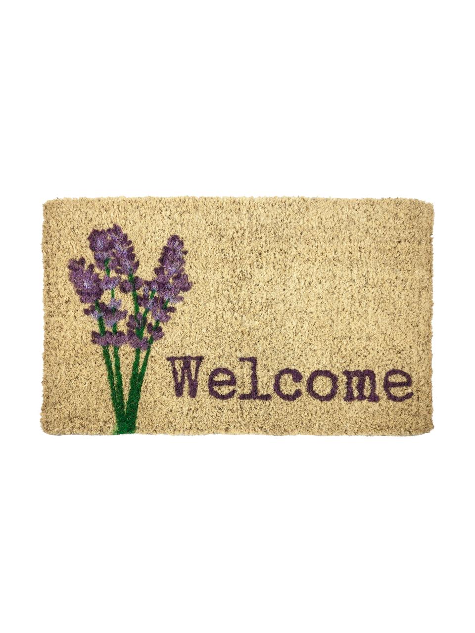 Handgeweven deurmat Lavender Welcome, Kokosvezels, Beige, lila, groen, B 45 x L 75 cm