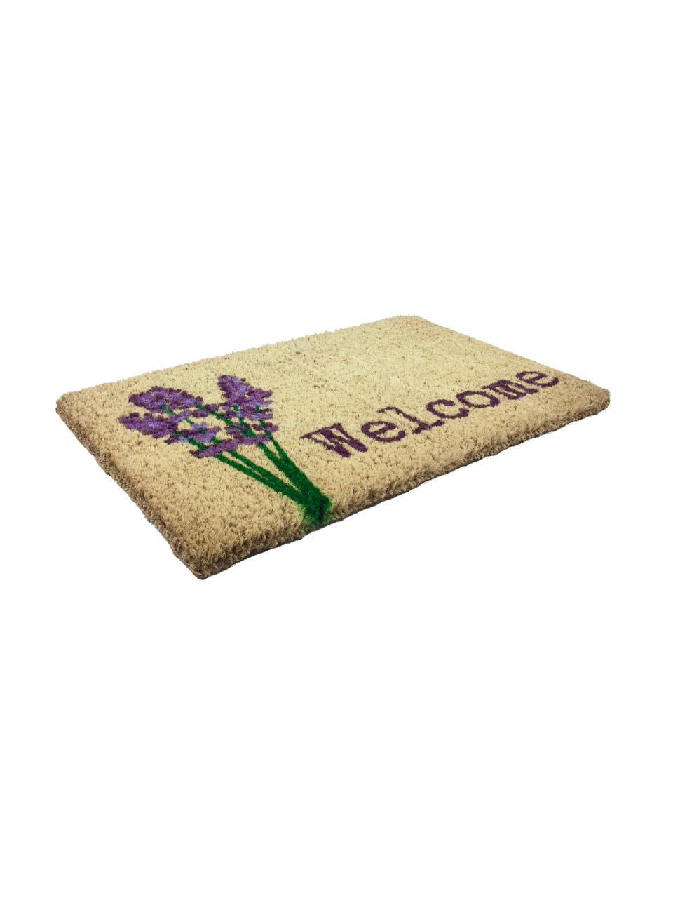 Ručně tkaná rohož Lavender Welcome, Kokosové vlákno, Béžová, fialová, zelená, Š 45 cm, D 75 cm