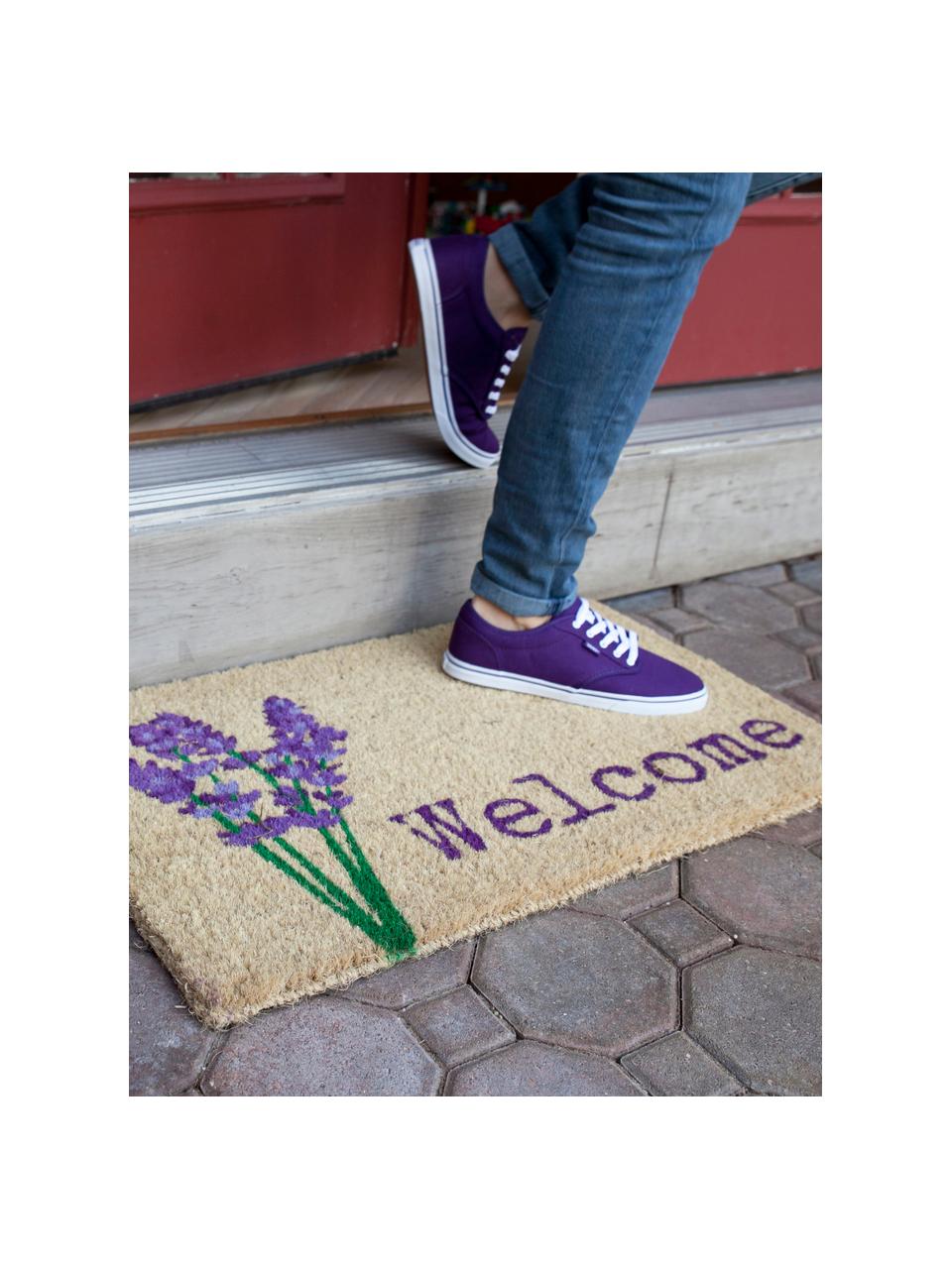 Ručně tkaná rohož Lavender Welcome, Kokosové vlákno, Béžová, fialová, zelená, Š 45 cm, D 75 cm