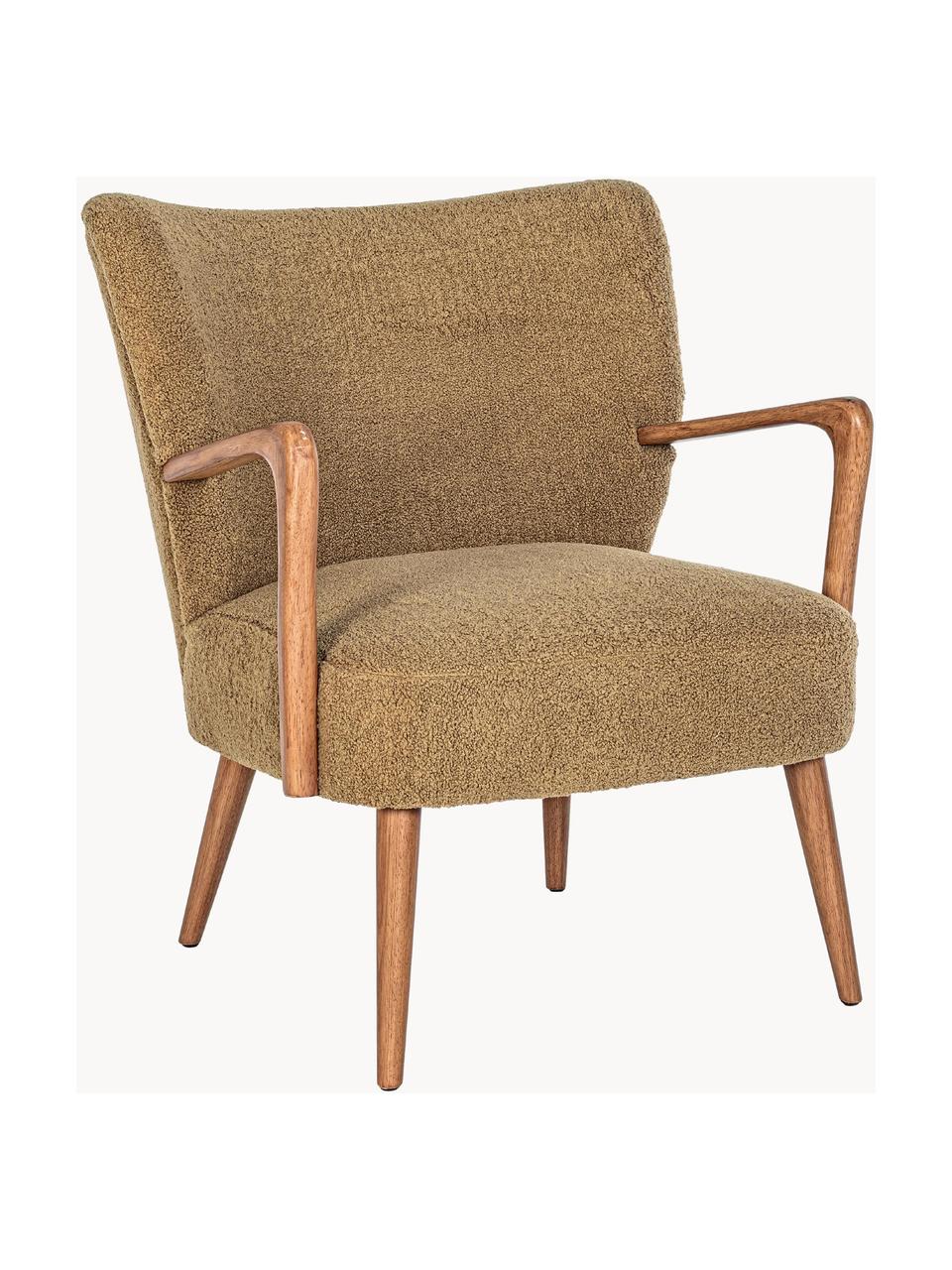 Teddy loungefauteuil Moritz met armleuningen, Zitvlak: polyester, Teddy olijfgroen, helder hout, B 67 x H 74 cm