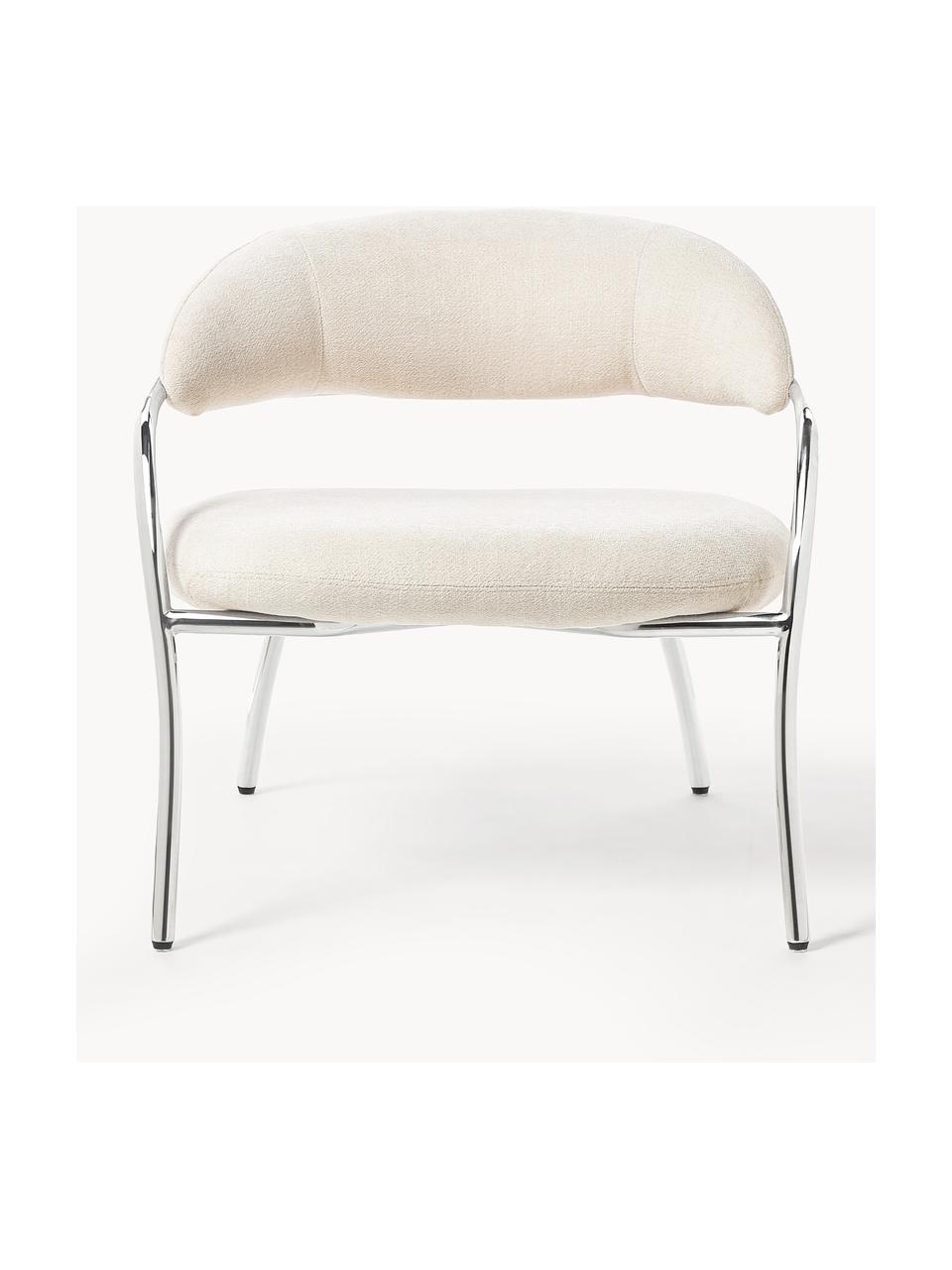 Bouclé loungefauteuil Dodo, Bekleding: bouclé (80% polyester, 20, Poten: metaal, Bouclé gebroken wit, glanzend zilver, B 74 x D 70 cm