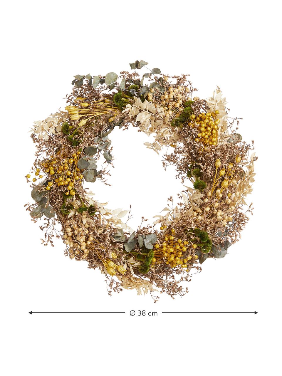 Corona de flores secas Harvest, Ø 38 cm, Flores secas, Amarillo, marrón, beige, verde, Ø 38 x Al 8 cm