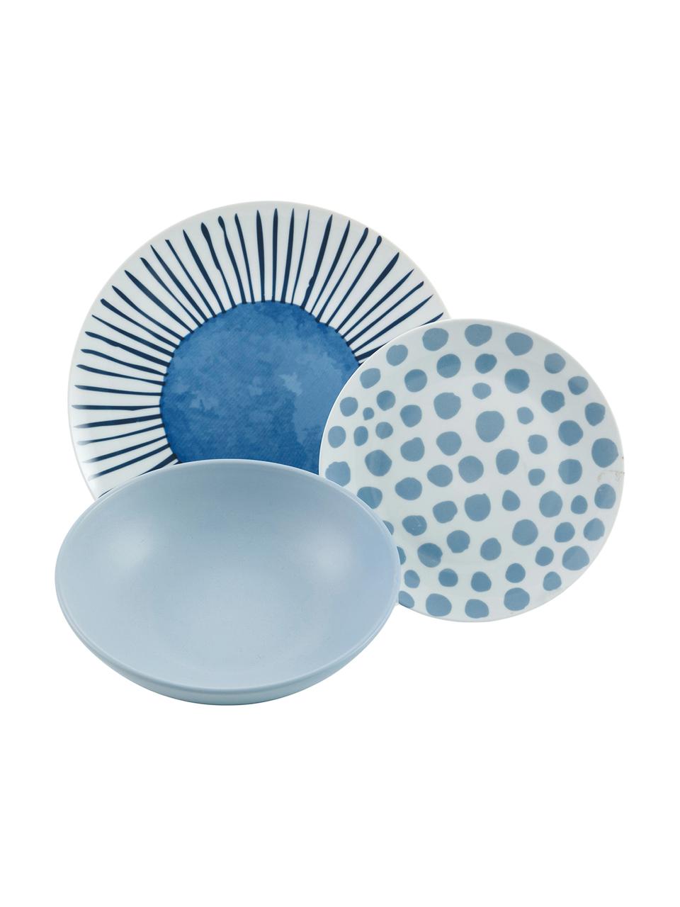Serviesset Marea, 6 personen (18-delig), Blauw, wit, geel, Set met verschillende formaten