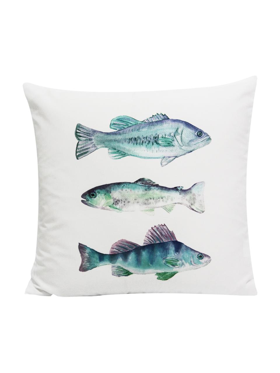 Federa arredo  reversibile Fish, 100% poliestere, Bianco, tonalità blu, verdi e viola, Larg. 45 x Lung. 45 cm