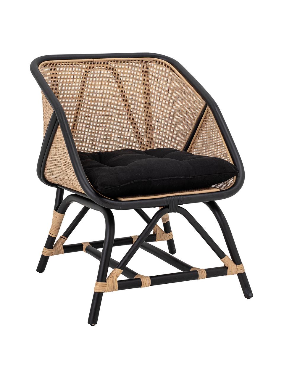 Rotan loungefauteuil Loue in beige/zwart met stoelkussen, Zitvlak: rotan, Frame: rotan, Bekleding: stof, Beige, zwart, 71 x 65 cm