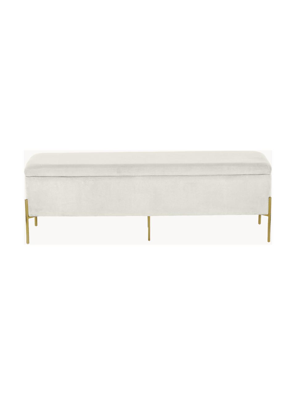 Banc coffre en velours Harper, Velours grège, couleur dorée, larg. 140 x haut. 45 cm