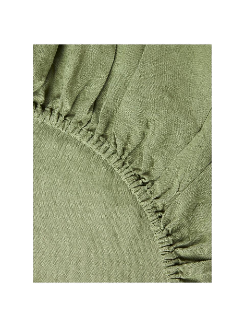 Drap-housse en lin délavé pour surmatelas Airy, Vert olive, larg. 90 x long. 200 cm, haut. 15 cm