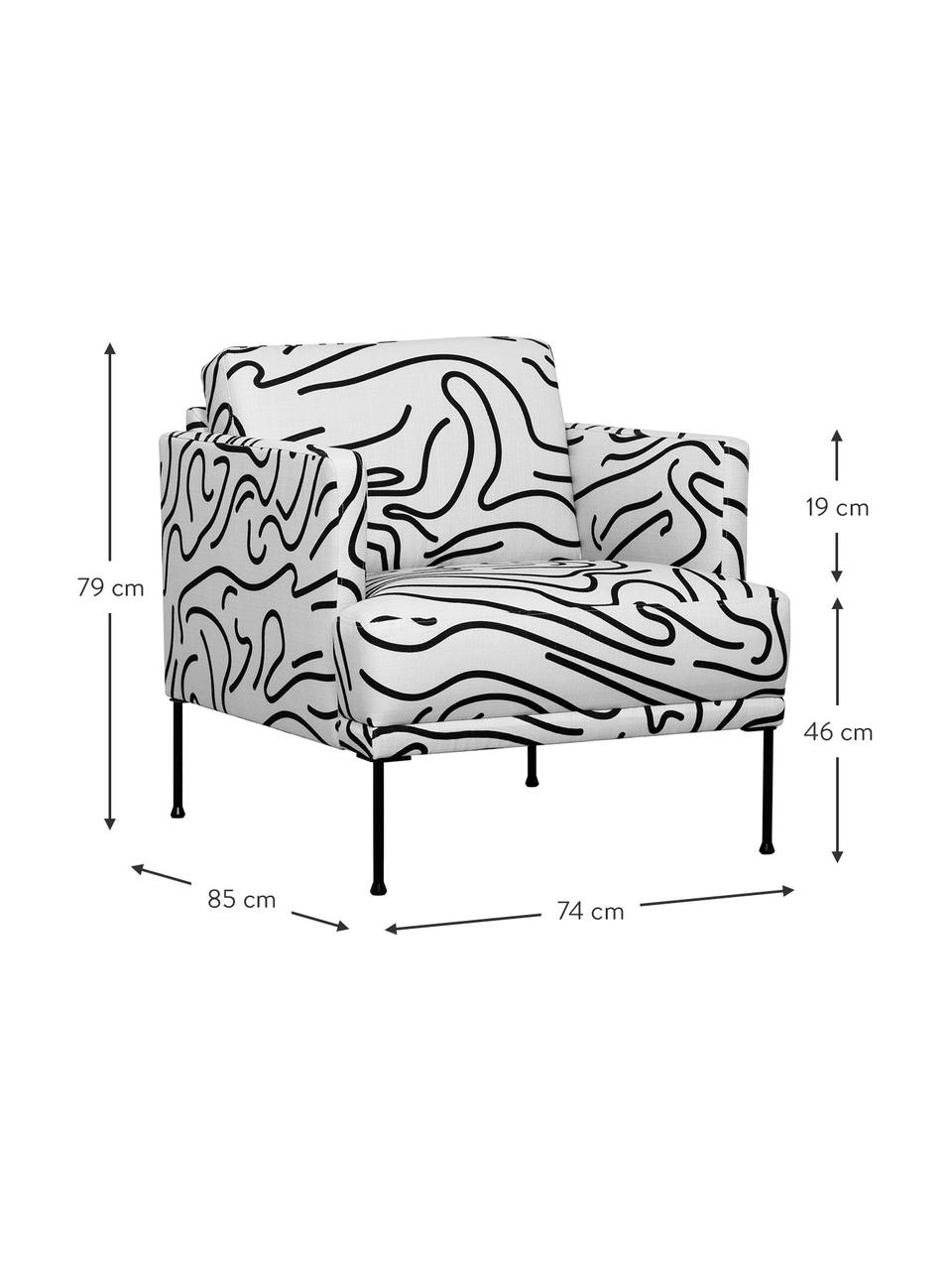 Poltrona in tessuto bianco a fantasia Fluente, Rivestimento: 100% poliestere Con 40.00, Struttura: legno di pino massiccio, Piedini: metallo verniciato a polv, Tessuto bianco/nero, Larg. 74 x Prof. 85 cm