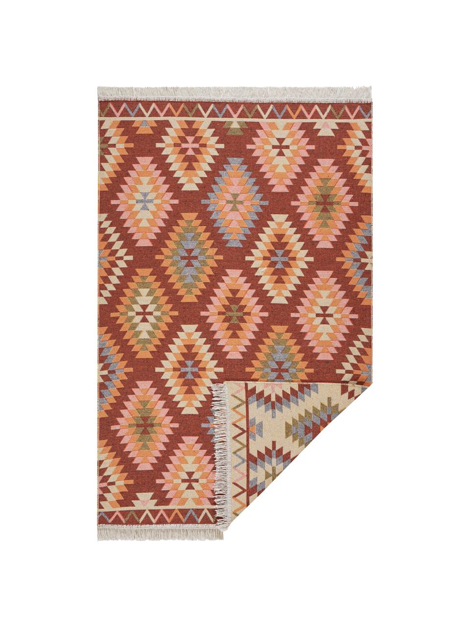 Dun kelim vloerkleed Tawi in etnische stijl gemaakt van katoen, 100% katoen, Rood, oranje, blauw, beige, roze, B 160 x L 220 cm (maat M)