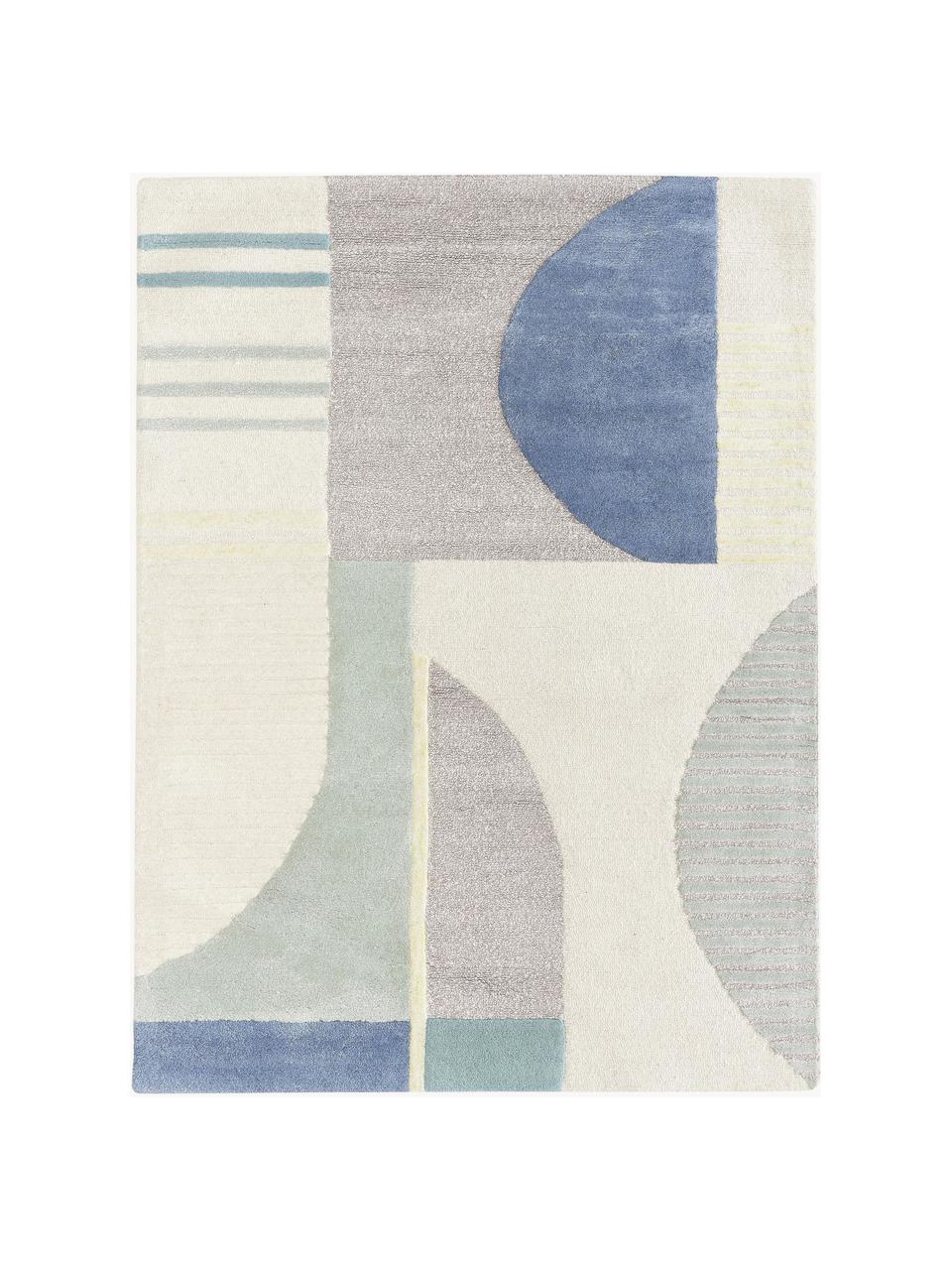 Ručne tuftovaný vlnený koberec s reliéfnou štruktúrou Pierre, Tóny modrej, krémovobiela, Š 200 x D 300 cm (veľkosť L)