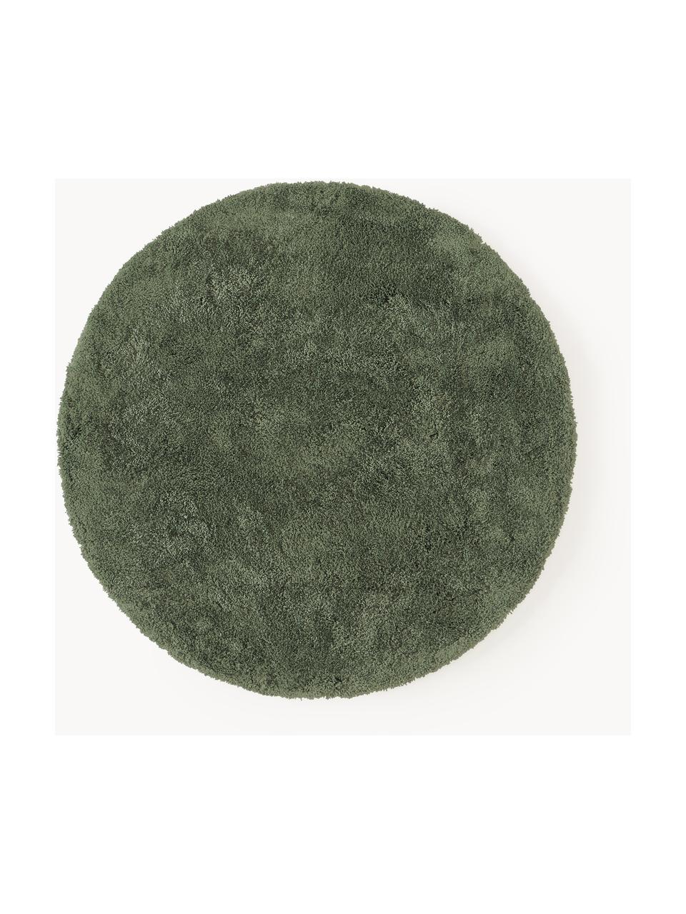 Pluizig rond hoogpolig vloerkleed Leighton, Bovenzijde: microvezels (100% polyest, Onderzijde: 70% polyester, 30% katoen, Donkergroen, Ø 150 x H 3 cm (maat M)