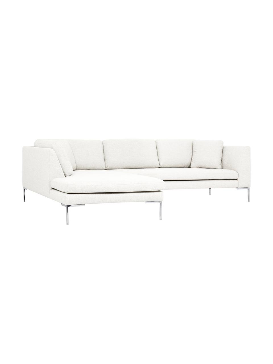 Ecksofa Emma, Bezug: Polyester 100.000 Scheuer, Gestell: Massives Kiefernholz, Füße: Metall, galvanisiert, Webstoff Cremeweiß, Füße Silber, B 302 x T 220 cm