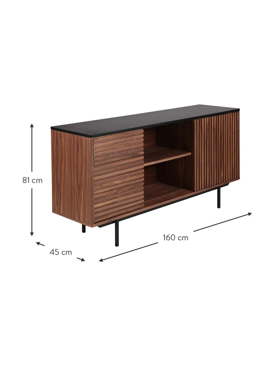 Dressoir Nuance met deuren en groeven decoratie, Frame: MDF met eikenhoutfineer, Poten: gecoat metaal, Bruin, zwart, B 160 x H 81 cm