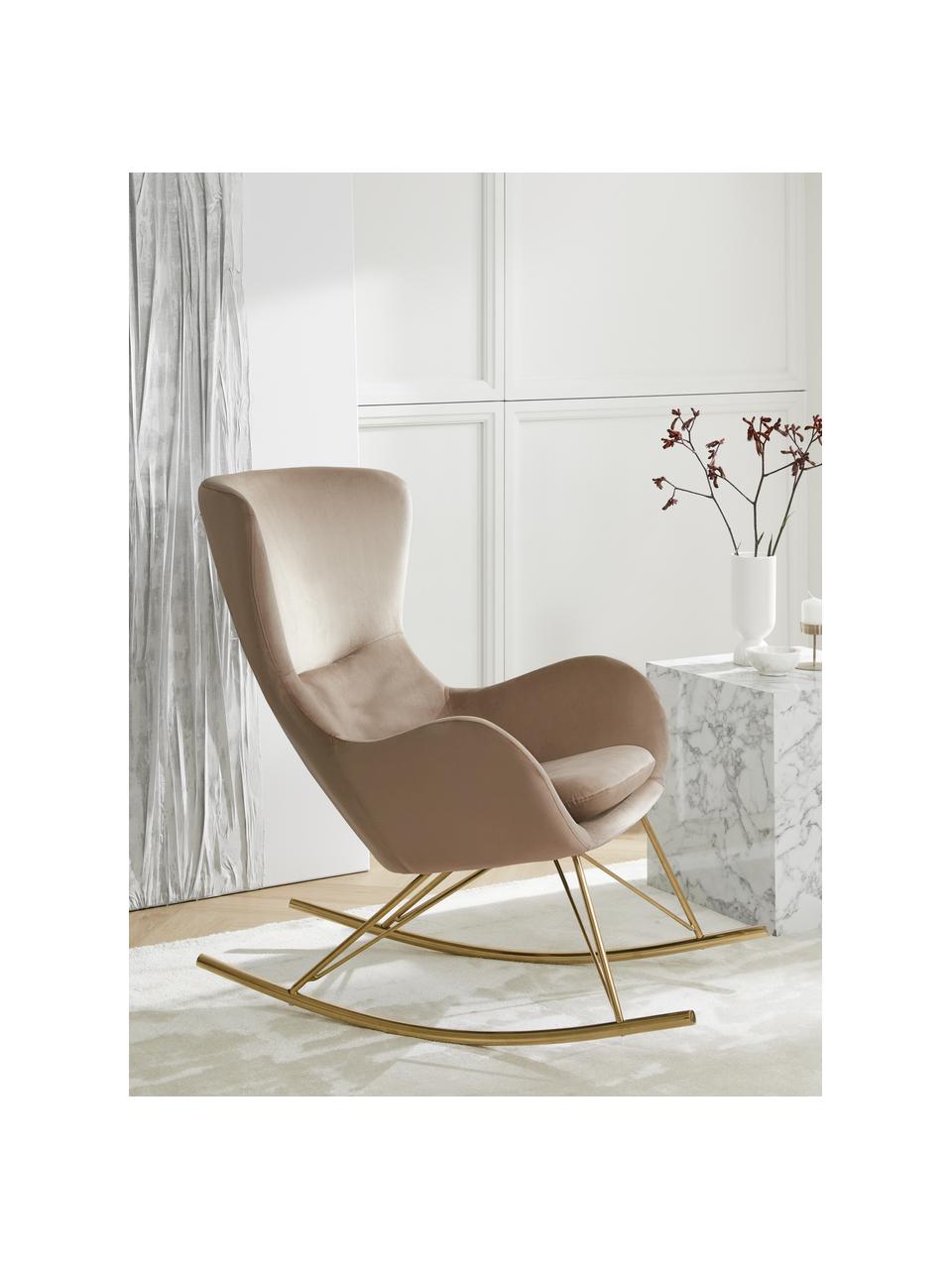 Fluwelen schommelstoel Wing in taupe met metalen poten, Frame: metaal, verzinkt, Fluweel beige, goudkleurig, B 76 x H 108 cm