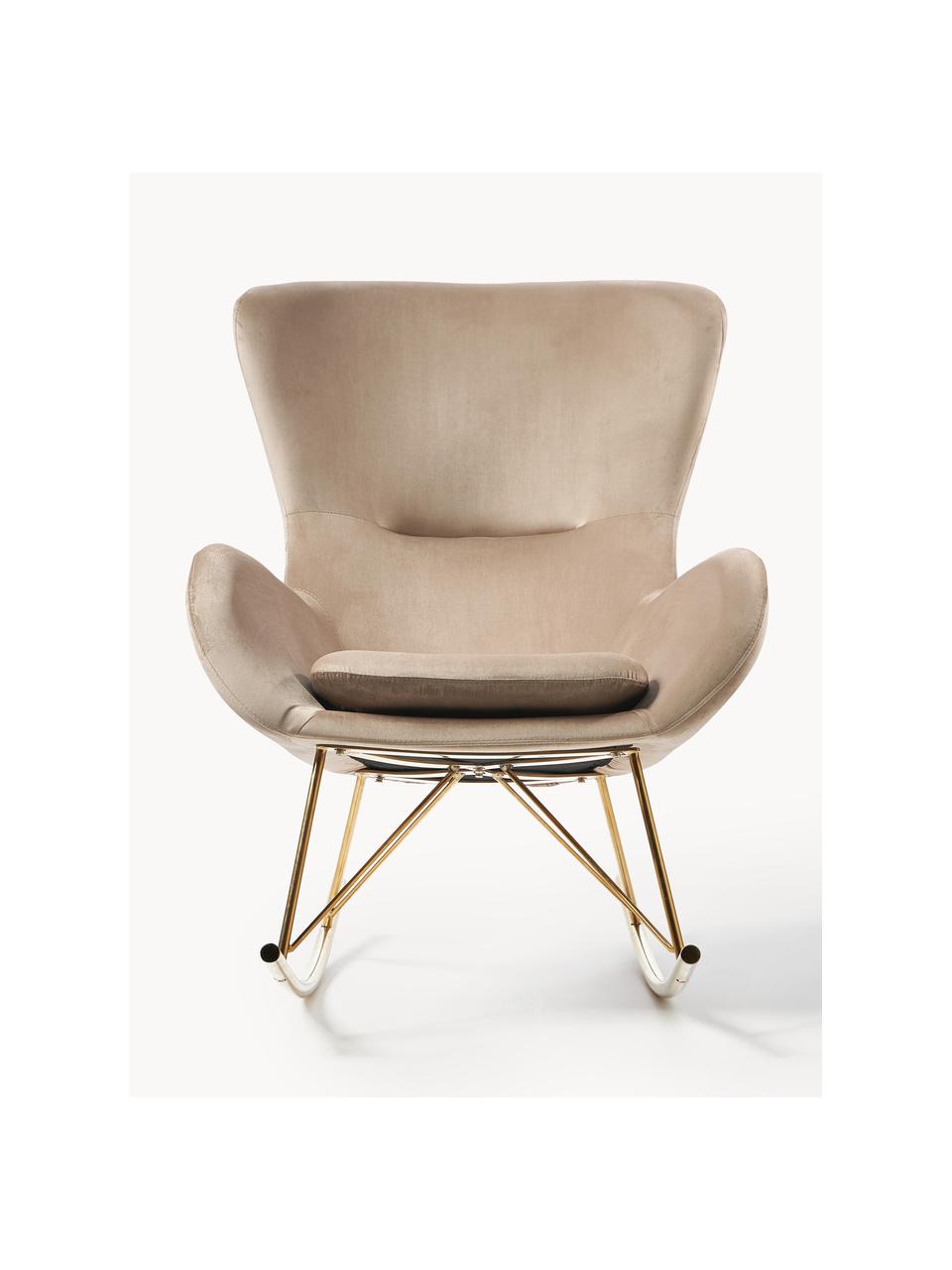 Fauteuil à bascule en velours avec pieds en métal Wing, Velours beige, doré, larg. 76 x prof. 108 cm