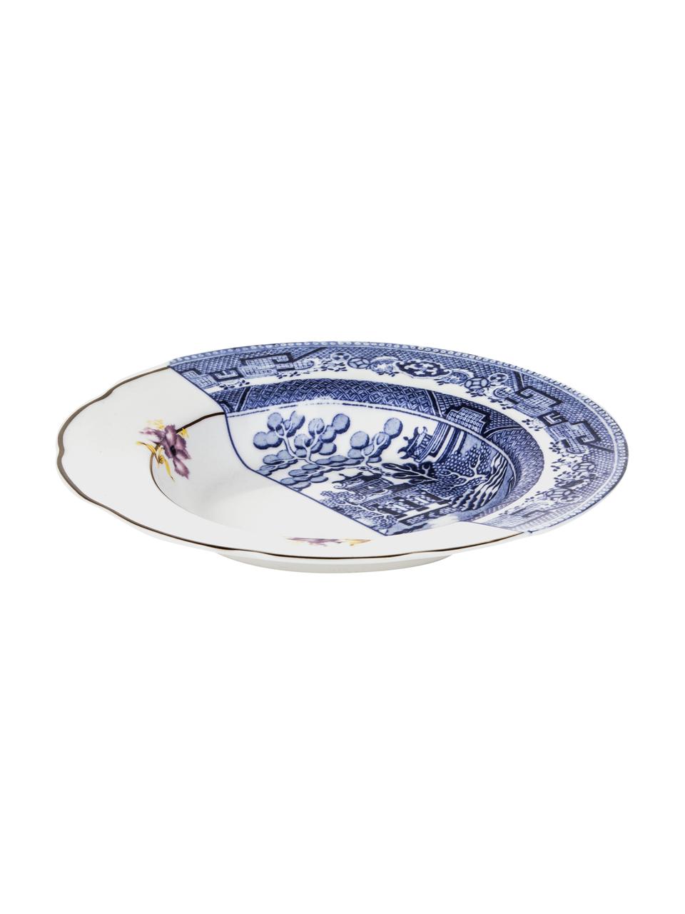 Ręcznie zdobiony talerz głęboki Hybrid, Porcelana chińska, Niebieski, biały, Ø 25 x 4 cm