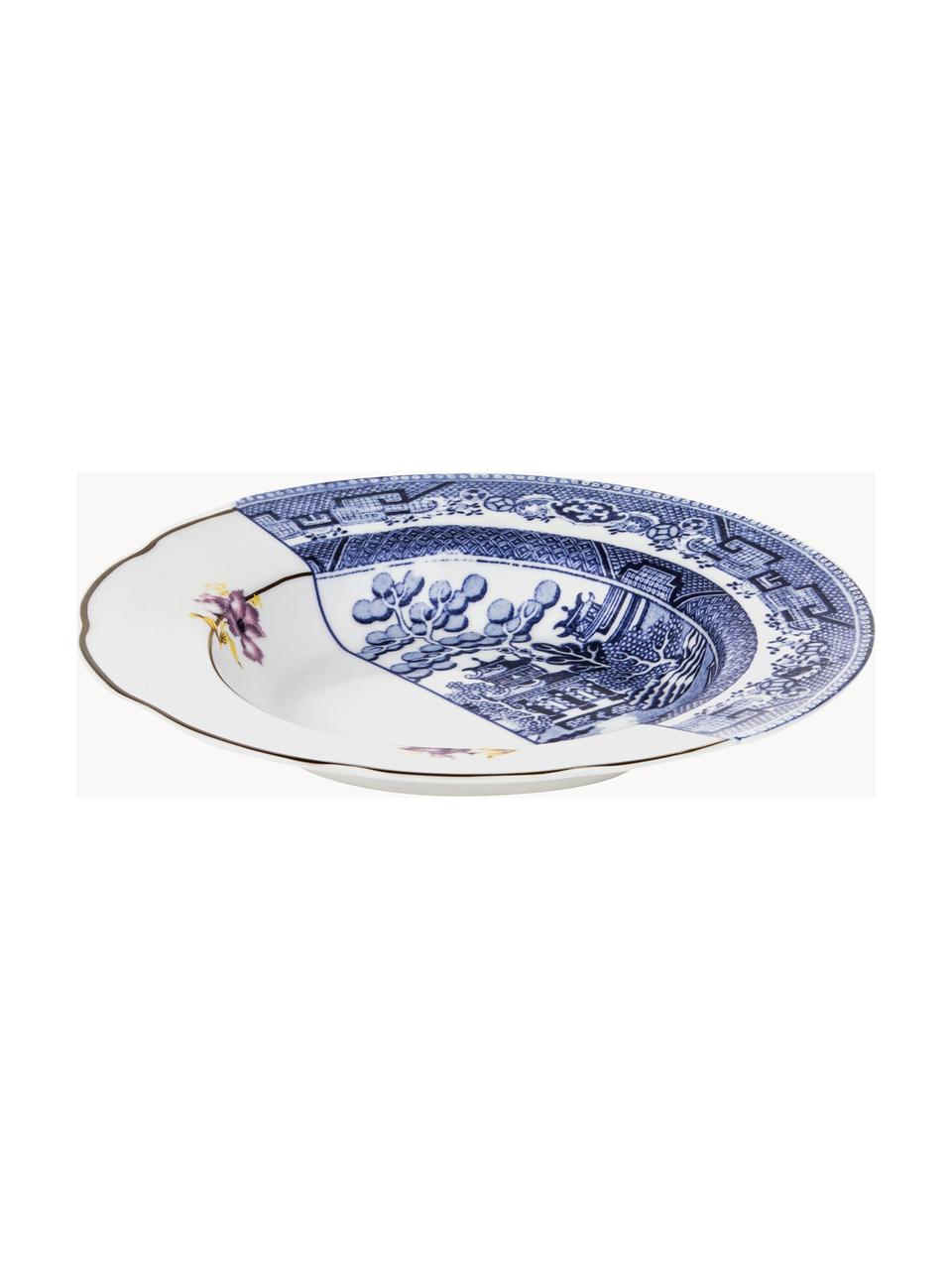 Ručne vyrobený hlboký tanier Hybrid, Čínsky porcelán, Modrá, biela, Ø 25 x V 4 cm