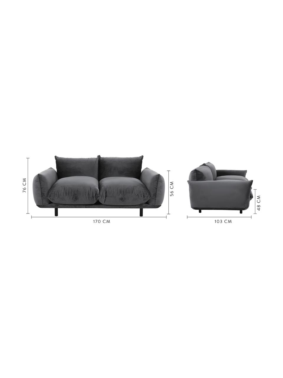 Samt-Sofa Saga (2-Sitzer), Bezug: 100% Polyestersamt 35.000, Gestell: Massives Birkenholz, Füße: Metall, pulverbeschichtet, Samt Dunkelgrau, B 170 x T 103 cm