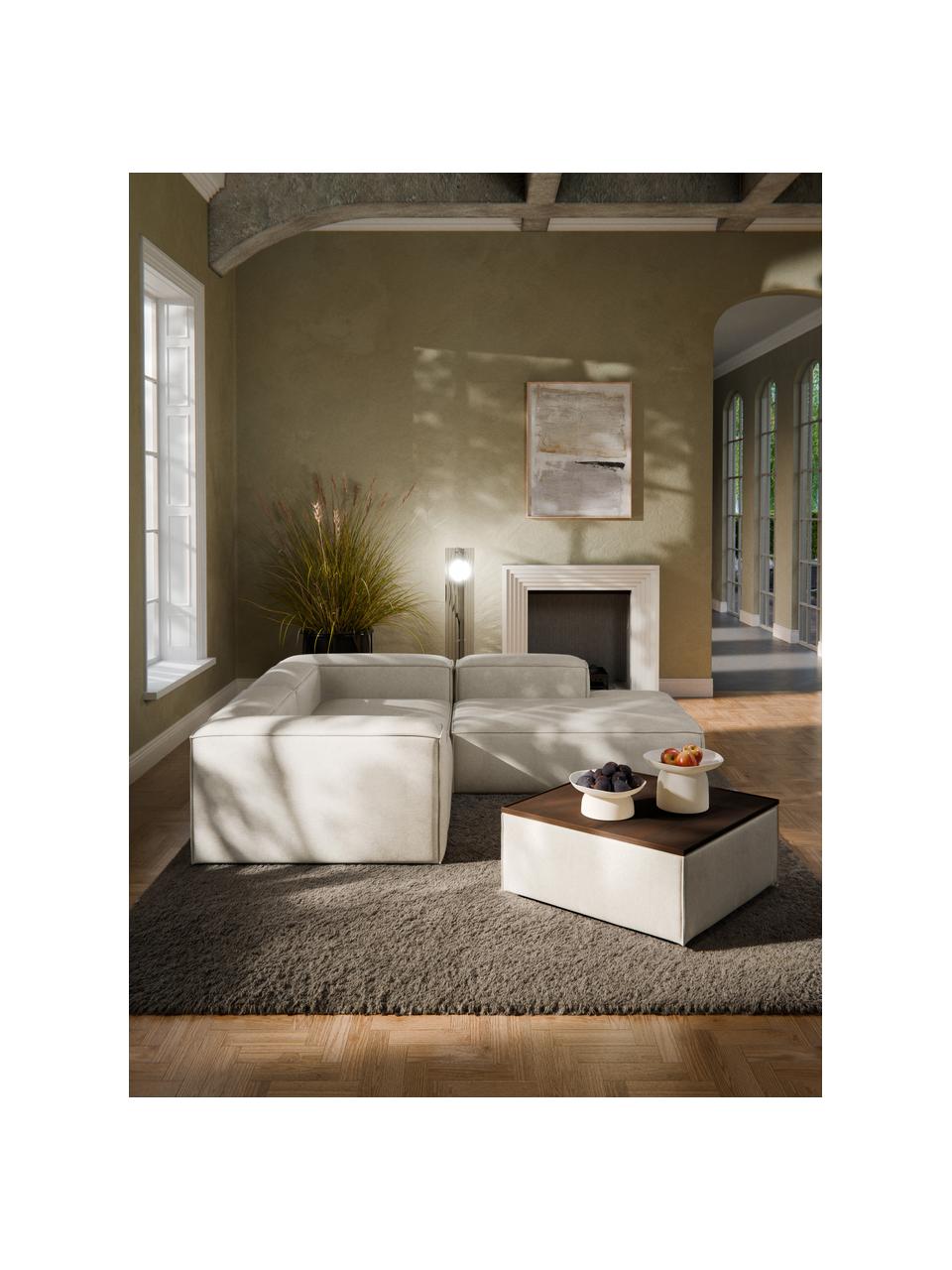 Sofa-Hocker Lennon aus Leinen-Mix mit Stauraum, Bezug: 50 % Viskose, 25 % Leinen, Tablett: Eichenholz, Spannplatte m, Gestell: Spanplatte, mitteldichte , Leinen-Mix Grau, dunkles Eichenholz, B 88 x T 88 cm