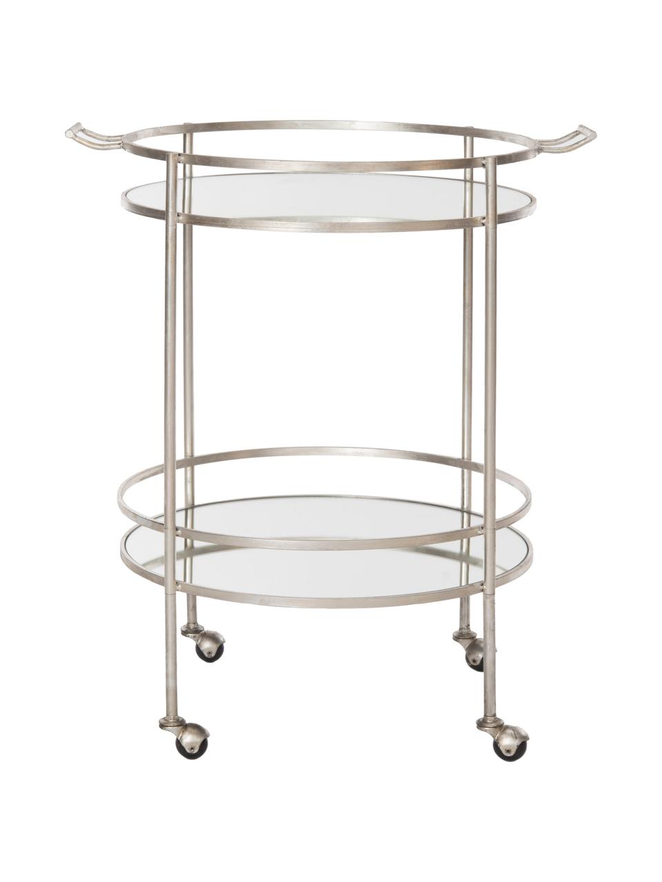 Metalen bar cart Harper, Frame: ijzer met antieke afwerki, Frame: metaalkleurig. Plateau: gespiegeld glas, B 64 x D 50 cm