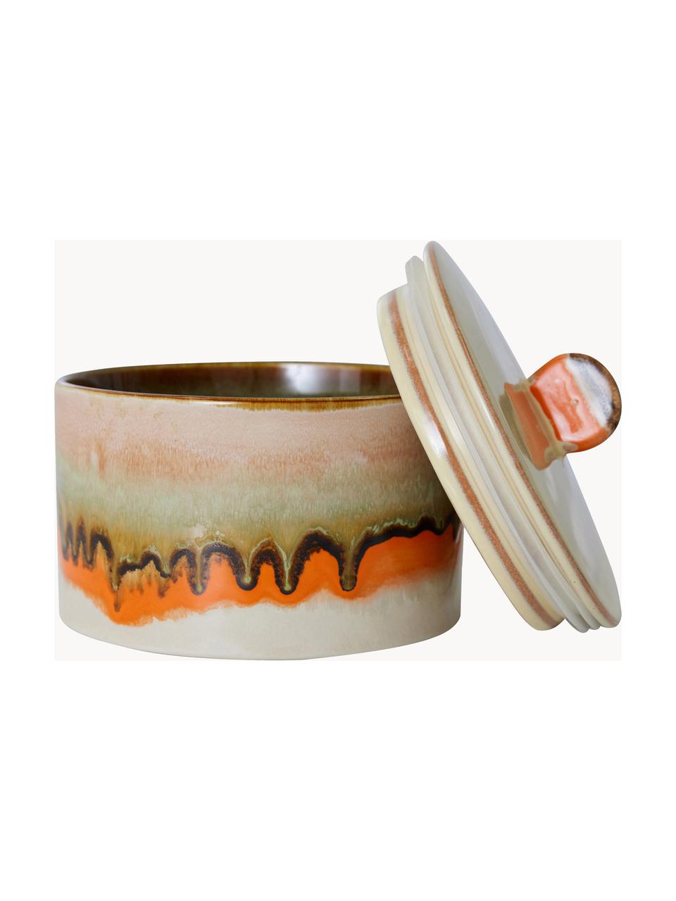 Ručně malovaná dóza s reaktivní glazurou 70's, Keramika, Oranžová, odstíny bílé, Ø 17 cm, V 14 cm