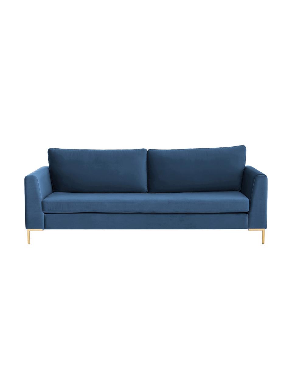 Sofa z aksamitu z metalowymi nogami Luna (3-osobowa), Tapicerka: aksamit (poliester) Dzięk, Nogi: metal galwanizowany, Aksamitny niebieski, złoty, S 230 x G 95 cm