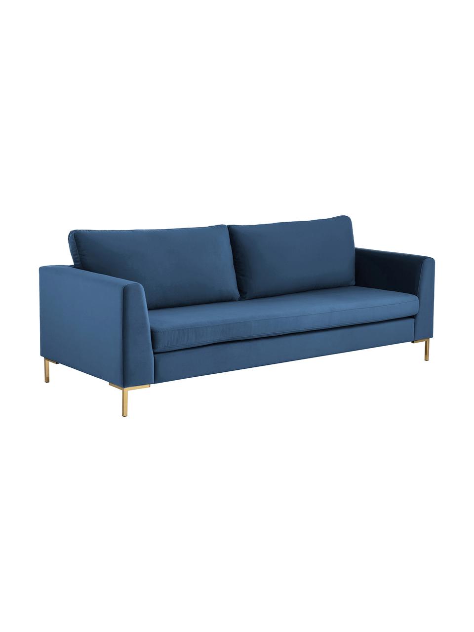 Fluwelen bank Luna (3-zits) in blauw met metalen poten, Bekleding: fluweel (polyester), Frame: massief grenenhout, Poten: gegalvaniseerd metaal, Fluweel blauw, goudkleurig, B 230 x D 95 cm