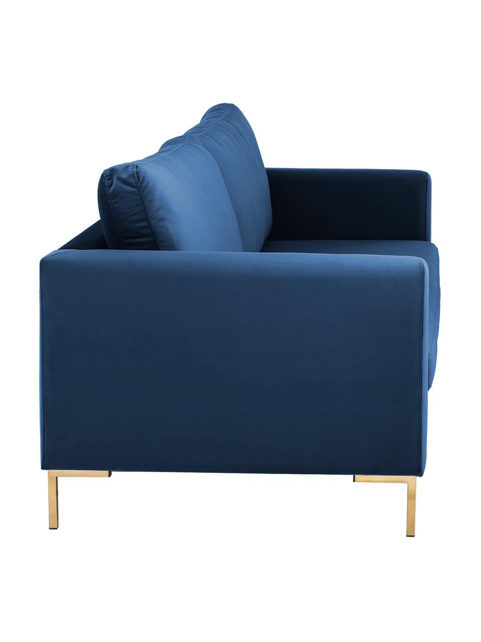 Fluwelen bank Luna (3-zits) in blauw met metalen poten, Bekleding: fluweel (polyester), Frame: massief grenenhout, Poten: gegalvaniseerd metaal, Fluweel blauw, goudkleurig, B 230 x D 95 cm