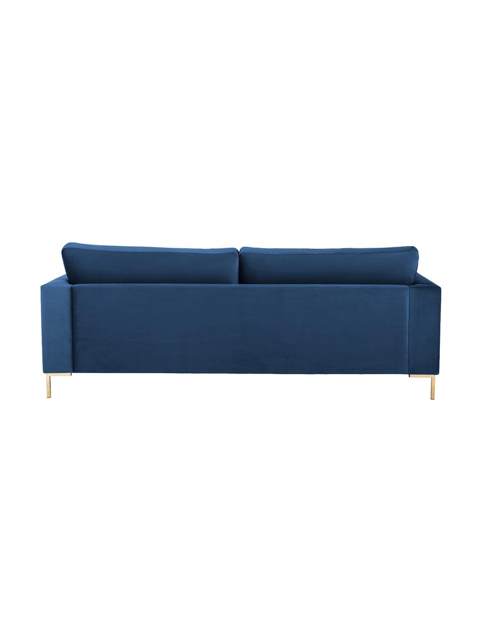 Samt-Sofa Luna (3-Sitzer) in Blau mit Metall-Füßen, Bezug: Samt (Polyester) Der hoch, Gestell: Massives Buchenholz, Füße: Metall, galvanisiert, Samt Blau, Gold, B 230 x T 95 cm