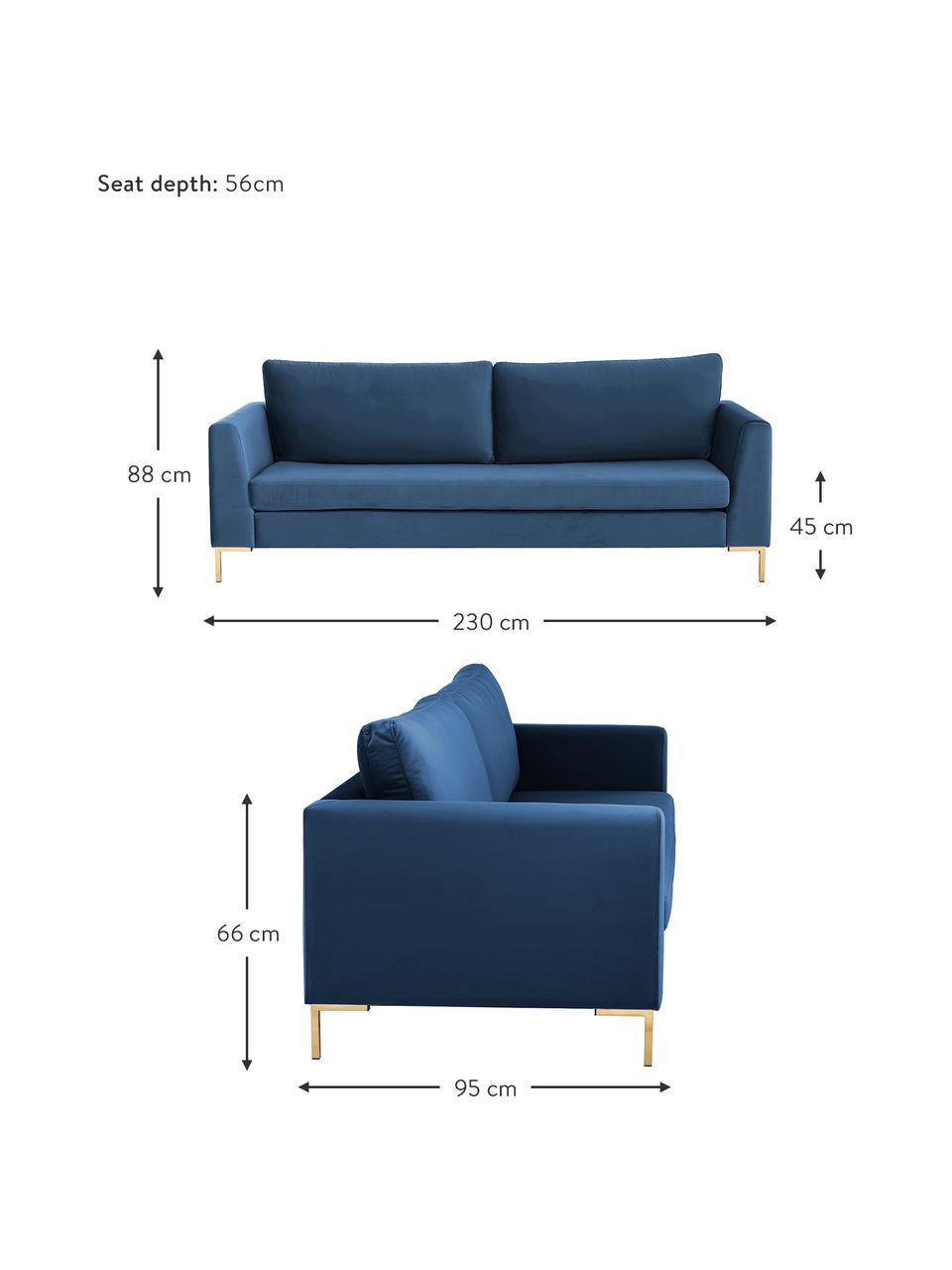 Fluwelen bank Luna (3-zits) in blauw met metalen poten, Bekleding: fluweel (polyester), Frame: massief grenenhout, Poten: gegalvaniseerd metaal, Fluweel blauw, goudkleurig, B 230 x D 95 cm