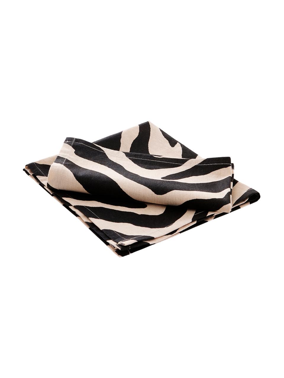 Stoff-Servietten Jill mit Zebra-Print, 2 Stück, 100% Baumwolle, Schwarz, Creme, B 45 x L 45 cm