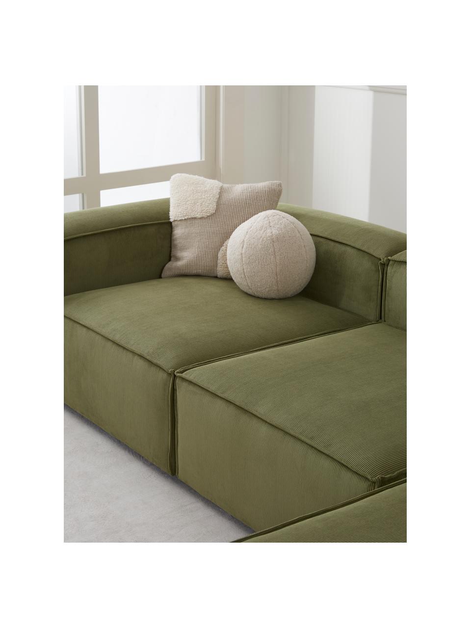Canapé d'angle modulaire velours côtelé vert Lennon, Velours côtelé vert, larg. 327 x prof. 180 cm, méridienne à droite
