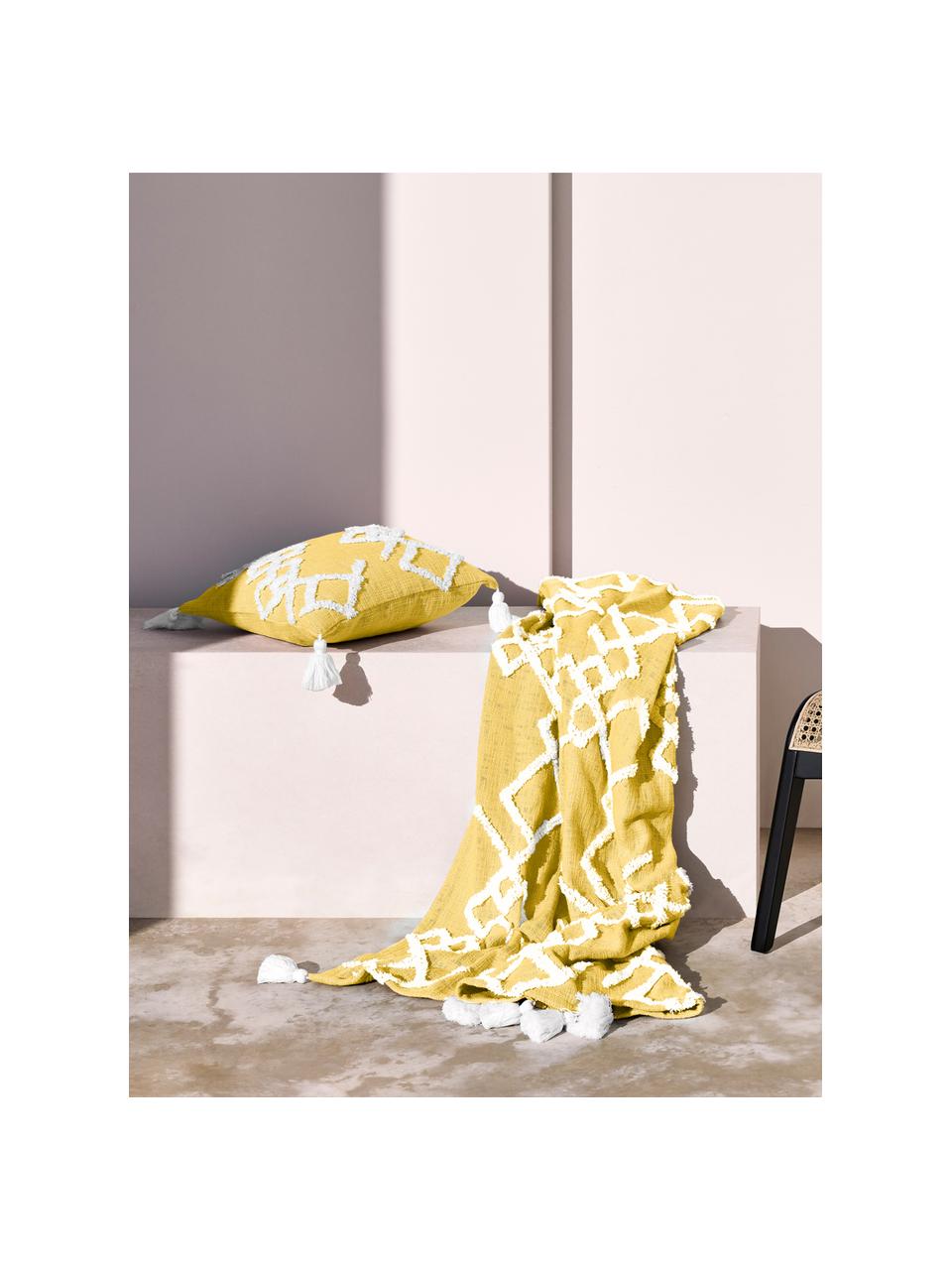 Baumwolldecke Tikki mit getufteter Verzierung, 100% Baumwolle, Gelb, 130 x 170 cm