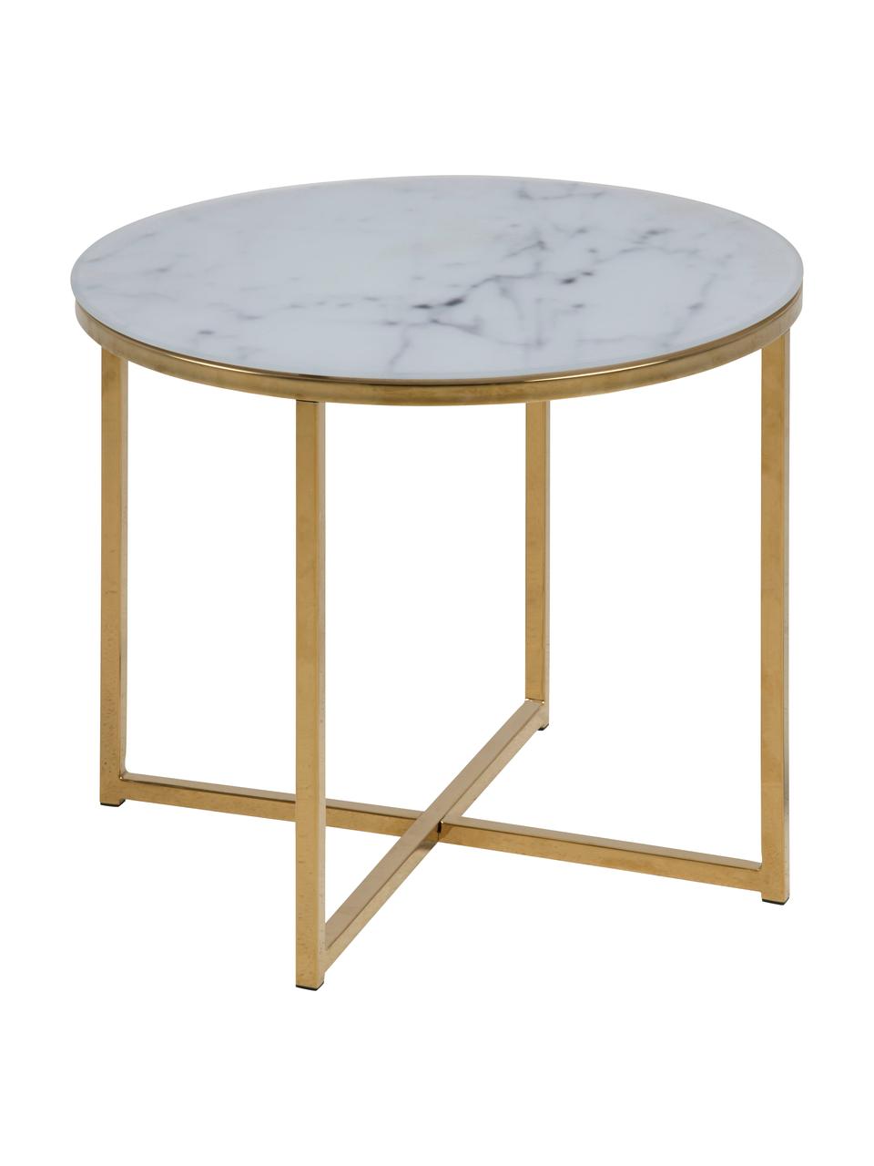 Tavolino con piano in vetro marmorizzato Antigua, Piano d'appoggio: vetro con stampa opaca, Struttura: acciaio ottonato, Bianco, ottone, Ø 50 x Alt. 42 cm