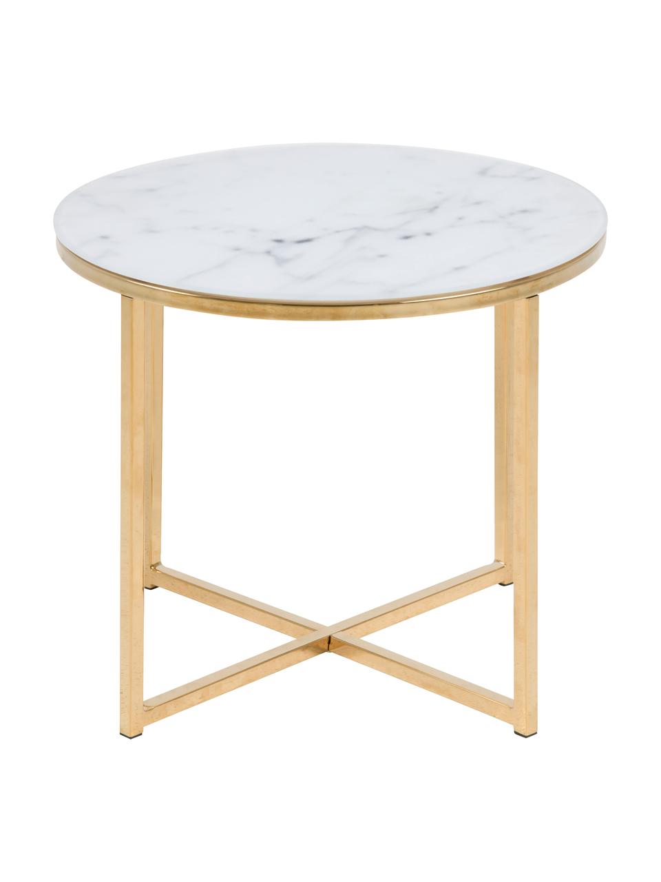 Table d'appoint en verre marbré Aruba, Blanc aspect marbre, couleur dorée, Ø 50 x haut. 42 cm